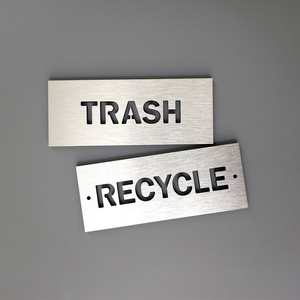 Trash and recycle signs with bold letters. Garbage can label. Trash can indicator. Recycling bin sign.