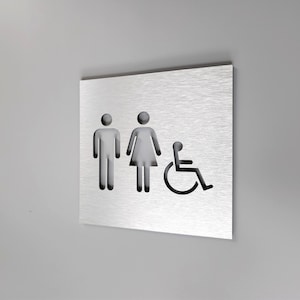 All gender handicap accessible restroom sign. Unisex bathroom signs. Gender neutral restroom signage. Modern bathroom signs.