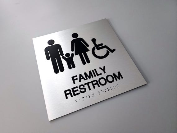 ADA Family Restroom Sign Square, Unisex Bathroom Sign with Braille, Accessible Restroom Door Sign, Handicap Compliant Modern Office Signage