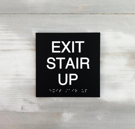 Exit stair up ADA sign with Grade 2 Braille and Tactile text. ADA compliant Exit signs. Exit route and Stairs signage.