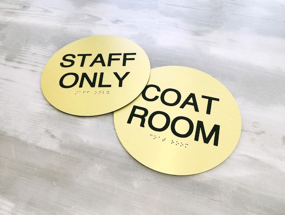 ADA compliant signs with custom text. Round custom quote ADA sign. Grade 2 Braille door signs. Room identification signs for businesses.