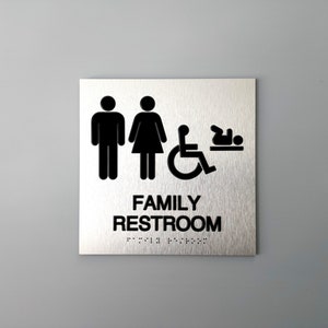 ADA compliant family restroom sign. Handicap accessible bathroom signs. Family ADA restroom sign. Signs with Braille and tactile symbols.