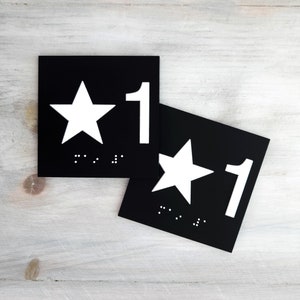 Elevator floor number signs. Set of 2 ADA compliant elevator door jambs signs. Elevator floor level ADA signs. Tactile star and number signs
