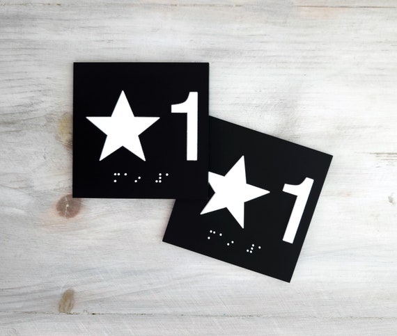 Elevator floor number signs. Set of 2 ADA compliant elevator door jambs signs. Elevator floor level ADA signs. Tactile star and number signs