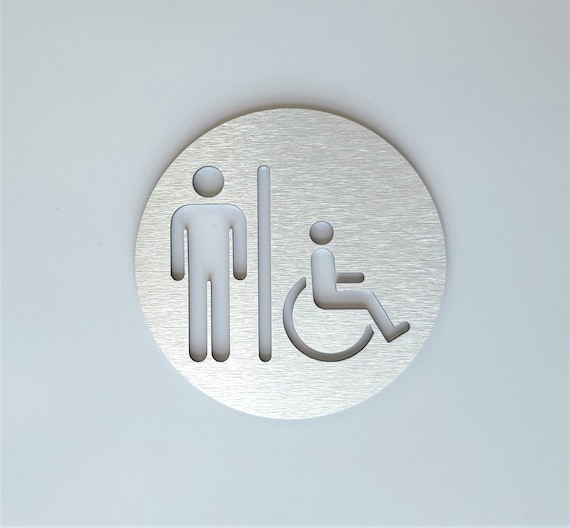 Male restroom sign metal. Silver bathroom door sign. Mens toilet. Modern office signage. Restaurant. Hotel. Business.