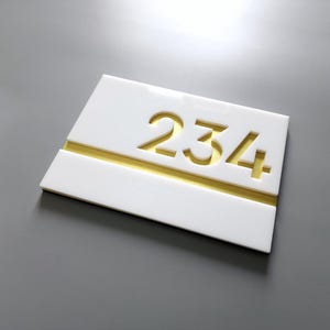White acrylic number sign. Custom apartment number signs. Hotel room numbers. Door number plaque. Modern number plates. Address plaques.