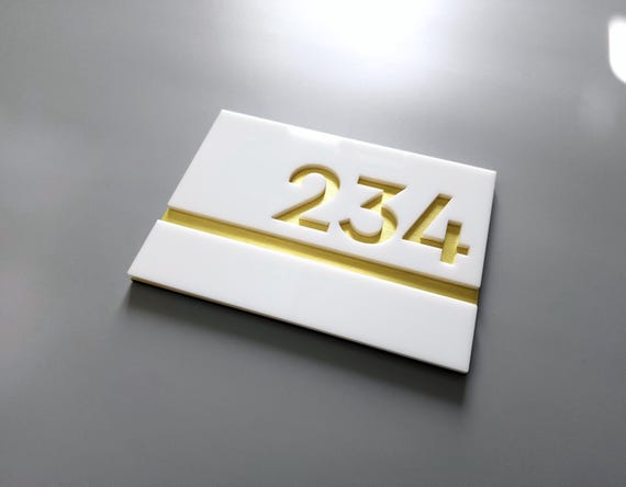 White acrylic number sign. Custom apartment number signs. Hotel room numbers. Door number plaque. Modern number plates. Address plaques.