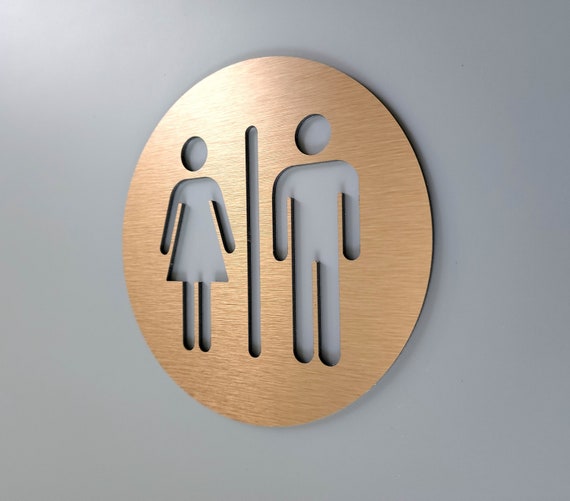 5-inch bronze restroom sign. Gender neutral bathroom signs. Male and Female WC. All gender bathroom signage.