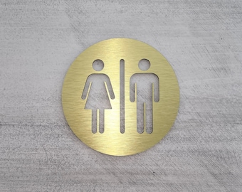 Restroom door sign metal. Unisex bathroom sign gold. All Gender restroom. Male and Fimale toilet. Modern office signage.