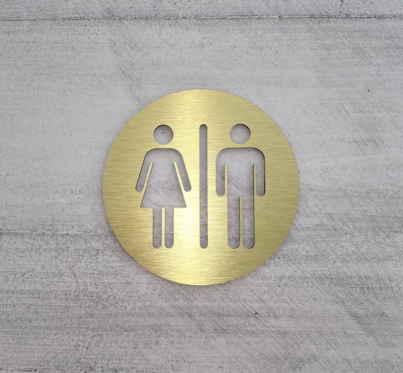 Restroom door sign metal. Unisex bathroom sign gold. All Gender restroom. Male and Fimale toilet. Modern office signage.