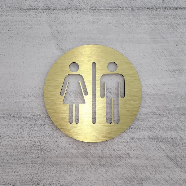 Restroom door sign metal. Unisex bathroom sign gold. All Gender restroom. Male and Fimale toilet. Modern office signage.