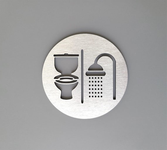 Restroom and shower sign with symbols. Door sign for shower room. Bathroom signage. Restroom signage.