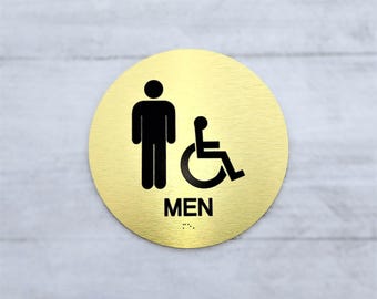 ADA Men restroom sign. Handicap accessible men's bathroom. ADA compliant bathroom signs. Tactile Braille signs.
