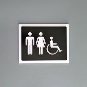 Accessible restroom signs. Handicap accessible bathroom signage. All gender restrooms. Unisex toilet sign.