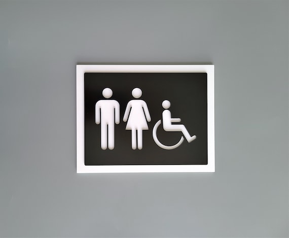 Accessible restroom signs. Handicap accessible bathroom signage. All gender restrooms. Unisex toilet sign.