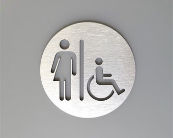 Letrero metálico para baño de género neutro. Letrero para puerta de baño. Baño unisex. Señalización moderna para oficinas.