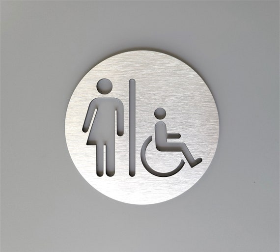 Gender neutral restroom sign metal. Bathroom door sign. Unisex toilet. Modern office signage.