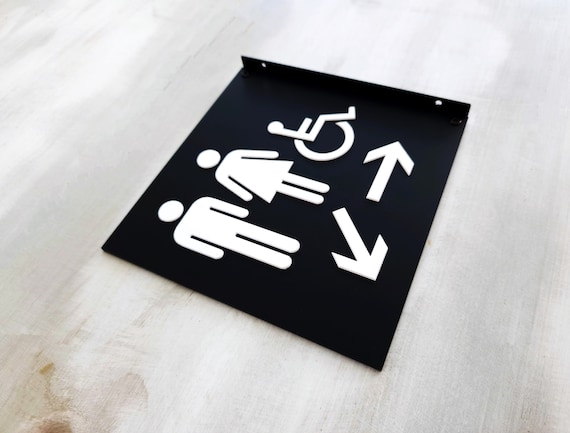 Directional restroom sign for perpendicular mounting. Corridor signs. Wayfinding bathroom signs. Blade signage. Flag signs. Sign with arrow.
