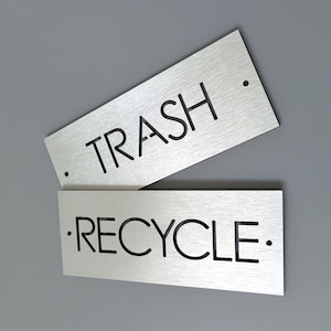Trash and recycle aluminum signs. 2&quot;x5&quot; Garbage signs. Trash can indicator. Recycling bin sign.
