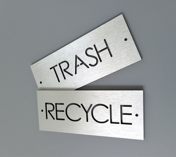 Trash and recycle aluminum signs. 2"x5" Garbage signs. Trash can indicator. Recycling bin sign.