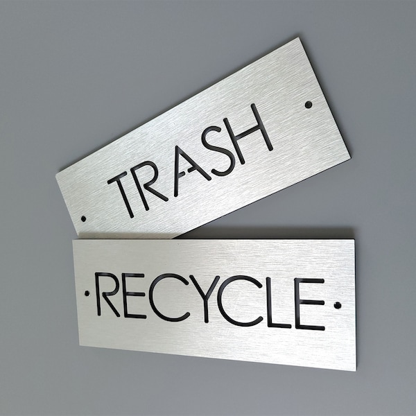 Trash and recycle aluminum signs. 2"x5" Garbage signs. Trash can indicator. Recycling bin sign.