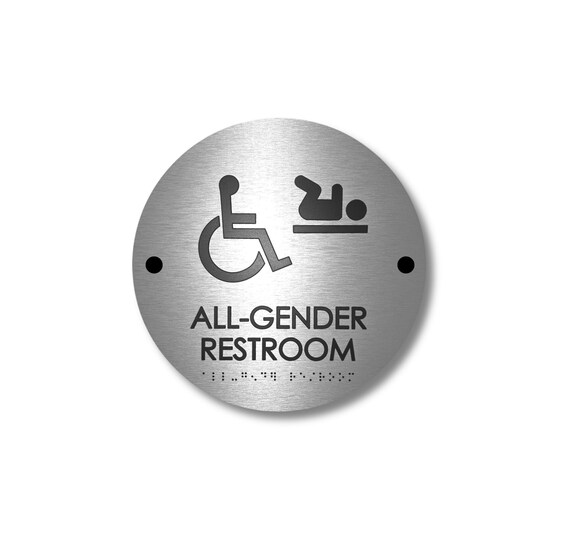 All Gender Restroom Sign with Baby Changing & Wheelchair Symbol, ADA Compliant Bathroom Sign, Unisex Restroom Plaque