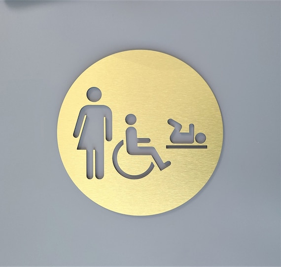 Family restroom sign. Baby changing table symbol. Handicap accessible family bathroom. All gender bathroom. Unisex toilet. WC.