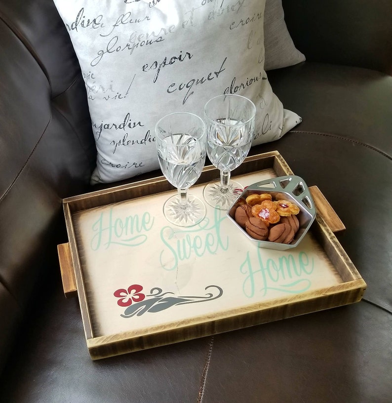 Rustic Tray With Handles Wooden Decorative Tray For Ottoman Hand Painted Tray For Centerpieces Modern Farmhouse Decor Personalized Gift