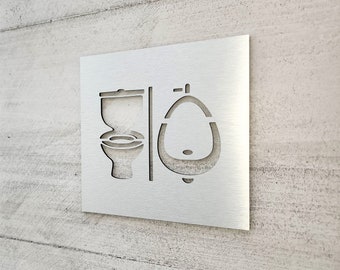 Bathroom sign with toilet and urinal symbols. All gender restroom signs. Unisex toilet sign. Gender neutral restroom door signs.