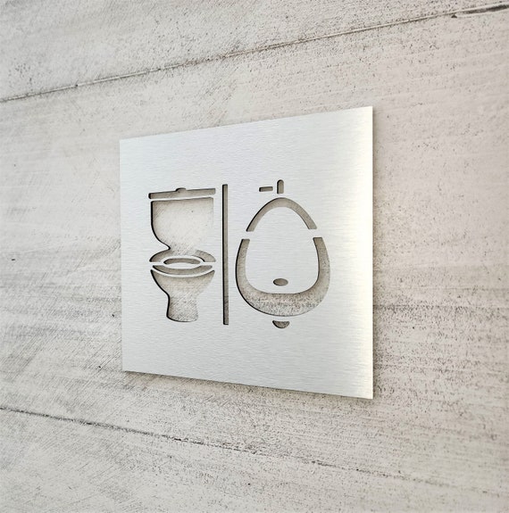 Bathroom sign with toilet and urinal symbols. All gender restroom signs. Unisex toilet sign. Gender neutral restroom door signs.