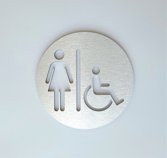 Female restroom sign metal. Silver bathroom door sign. Womens toilet. Modern office signage. Restaurant. Hotel. Business.