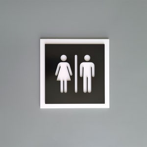 Unisex restroom door sign. All gender bathroom signs. Gender neutral toilet signage. Male, Female. Men, Women pictogram signs.