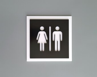 Unisex restroom door sign. All gender bathroom signs. Gender neutral toilet signage. Male, Female. Men, Women pictogram signs.