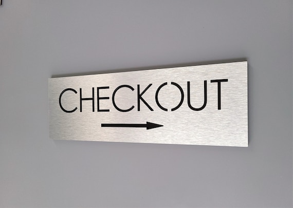 Checkout directional sign. Check out this way sign. Directional signs. Wayfinding signs. Signs with arrow.