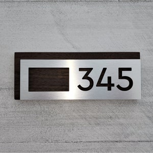 Modern door number plaque. Apartment number sign. Room numbers for hotel. House numbers. Address signs.