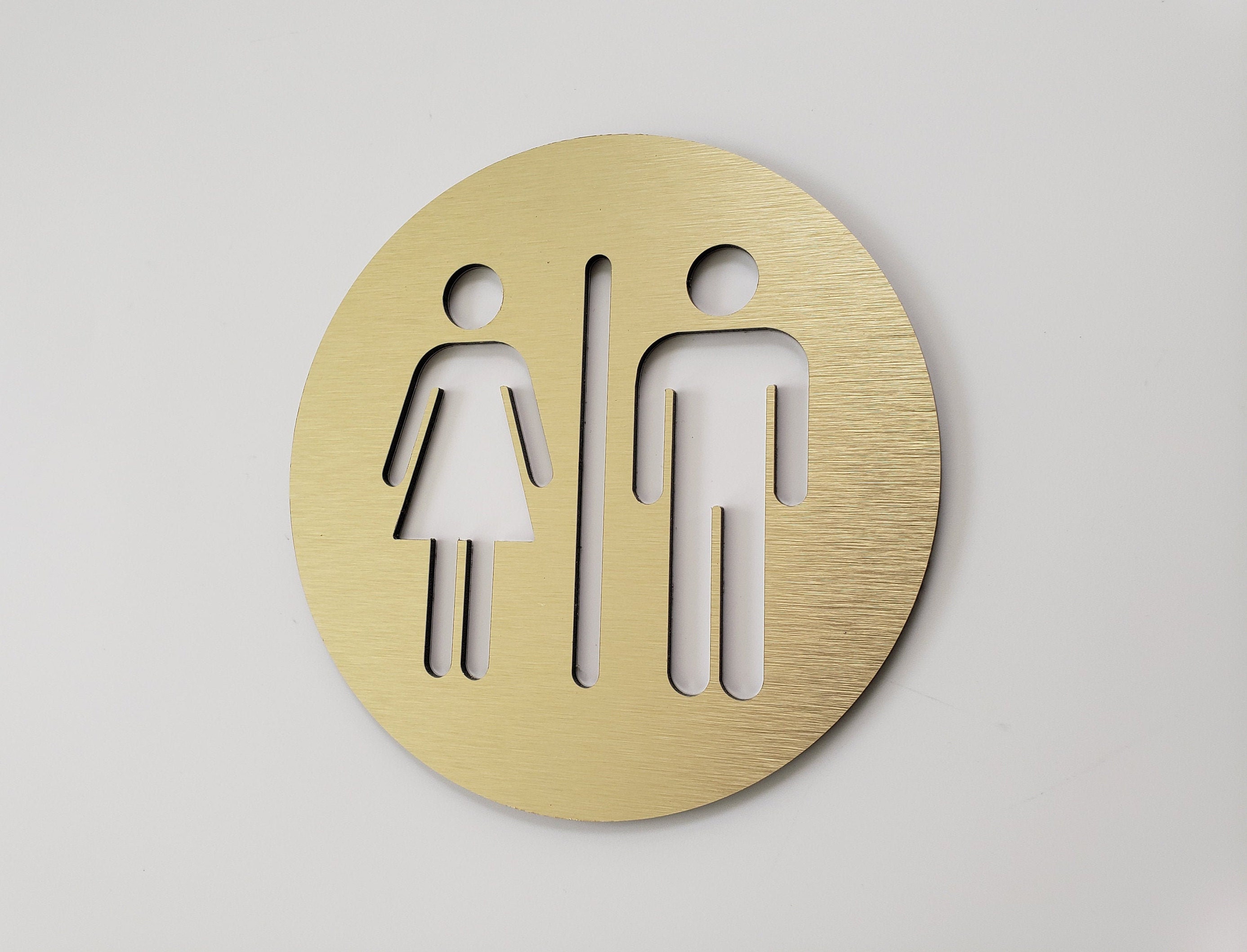 Restroom door sign metal. Unisex bathroom sign gold. All Gender restroom. Male and Fimale toilet