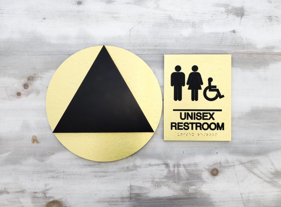 California Title 24 unisex restroom signs. Set of 2 unisex AB 1732 restroom signs.  ADA compliant unisex restroom signs.