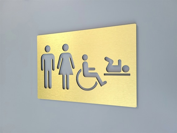 Family restroom sign. Handicap accessible restroom with baby changing station. All gender restroom sign. Family unisex toilet. WC.