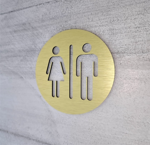 Restroom door sign metal. Unisex bathroom sign gold. All Gender restroom. Male and Fimale toilet. Modern office signage.