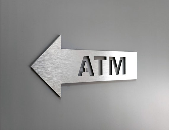 ATM arrow sign. ATM Directional signs. Wayfinding sign. Information sign. ATM sign. Arrow signs.