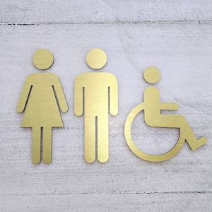 Metal bathroom figures - set of 3. All gender handicap accessible restroom sign. Male Female toilet sign.