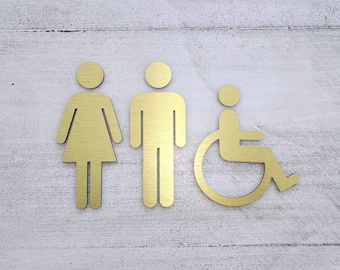 Metal bathroom figures - set of 3. All gender handicap accessible restroom sign. Male Female toilet sign.