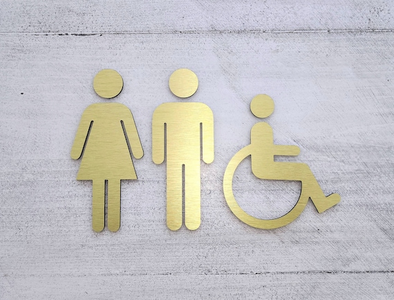 Metal bathroom figures - set of 3. All gender handicap accessible restroom sign. Male Female toilet sign.