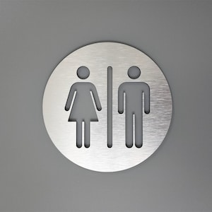 All gender restroom door sign metal. Bathroom sign. Silver. Gold. Unisex toilet. Office signage.