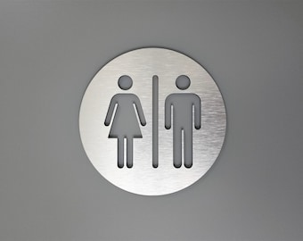 All gender restroom door sign metal. Bathroom sign. Silver. Gold. Unisex toilet. Office signage.