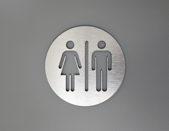 All gender restroom door sign metal. Bathroom sign. Silver. Gold. Unisex toilet. Office signage.