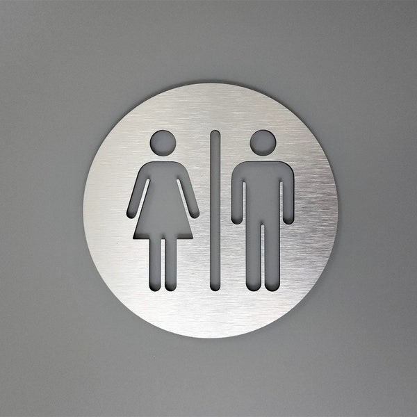 All gender restroom door sign metal. Bathroom sign. Silver. Gold. Unisex toilet. Office signage.