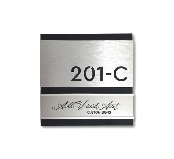 Personalized Room Number Sign with Nameplate. Brushed Metal Business Door Plaque. Office Suites Numbers.