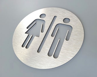 Unisex restroom door sign metal. All gender bathroom sign. Male and Fimale toilet. Modern office signage.