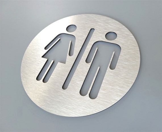 Unisex restroom door sign metal. All gender bathroom sign. Male and Fimale toilet. Modern office signage.